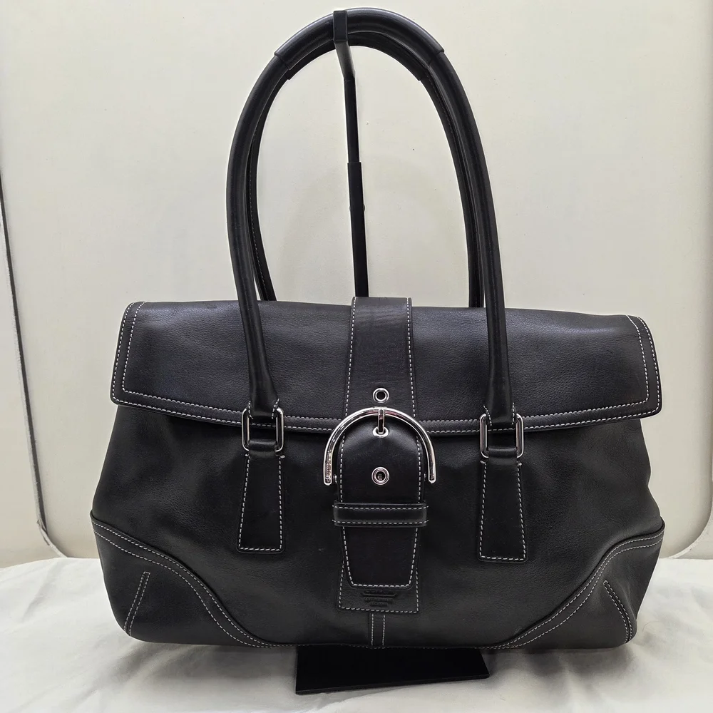 Coach Black Leather Satchel Tote | White Contrast Stitching | Turnlock Buckle | - Picture 1 of 6